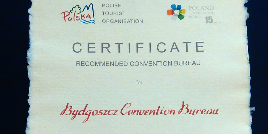 Certyfikat Polskiej Organizacji Turystycznej dla Bydgoszcz Convention Bureau